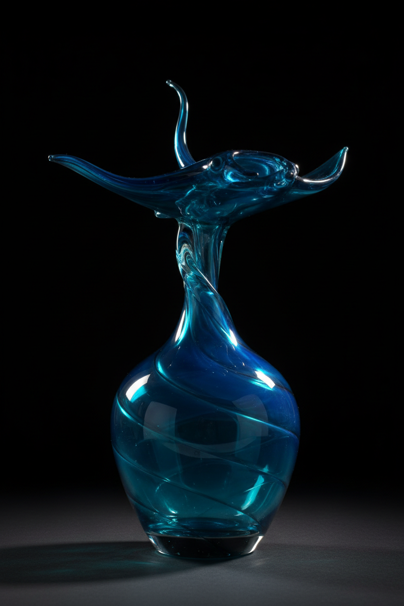 Manta ray form sculpted by hand from a glass bottle neck