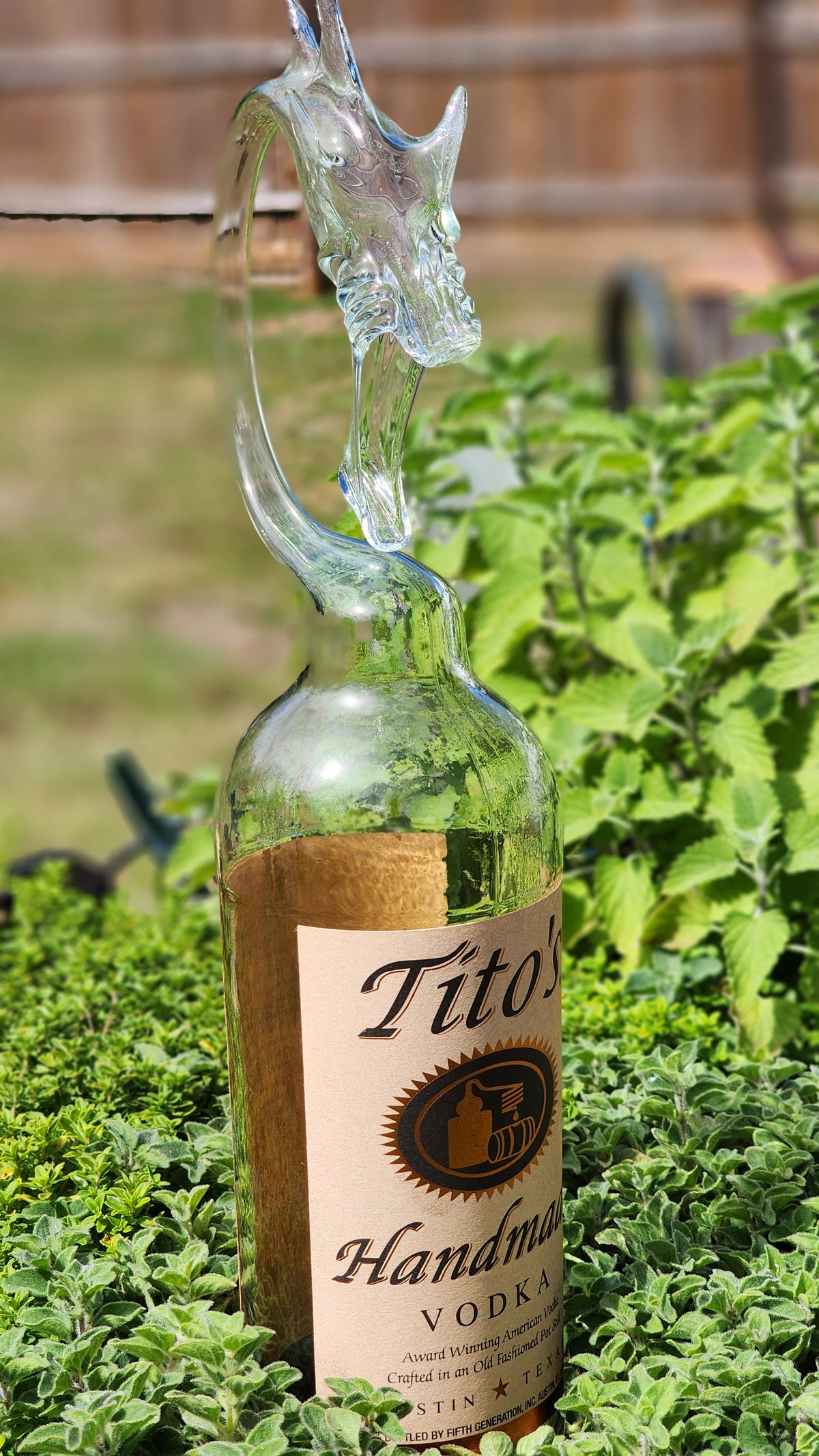 Tall Frosted Glass Dragon Bottle Sculpture – Handcrafted Bar Décor