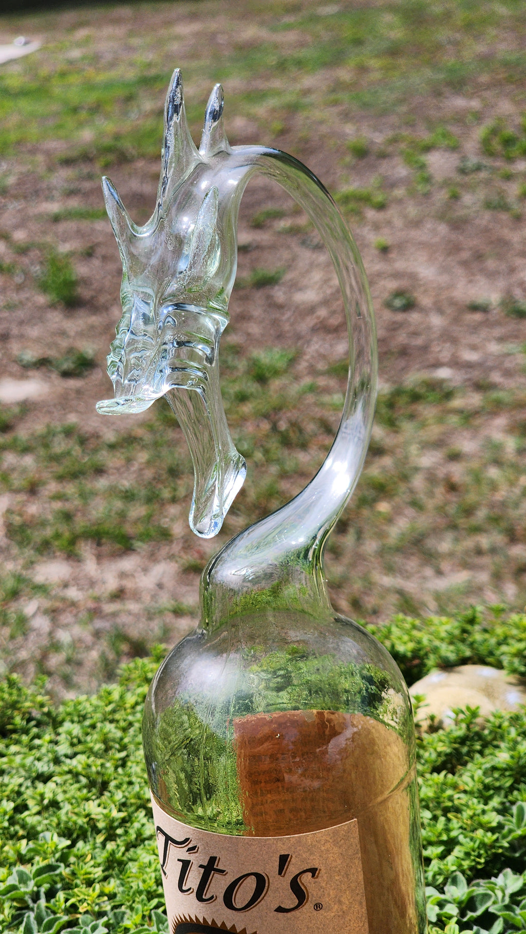 Tall Frosted Glass Dragon Bottle Sculpture – Handcrafted Bar Décor