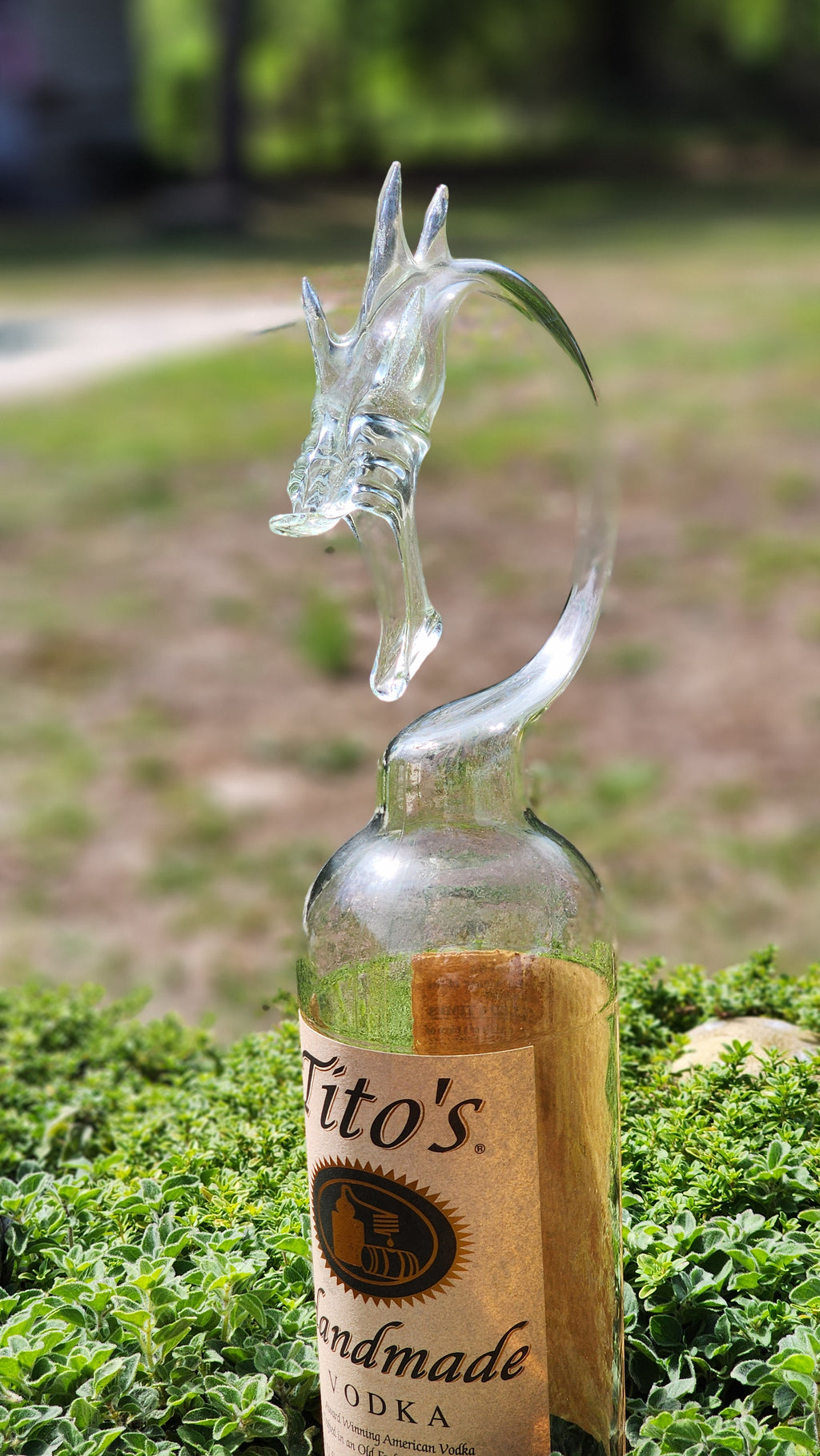 Tall Frosted Glass Dragon Bottle Sculpture – Handcrafted Bar Décor