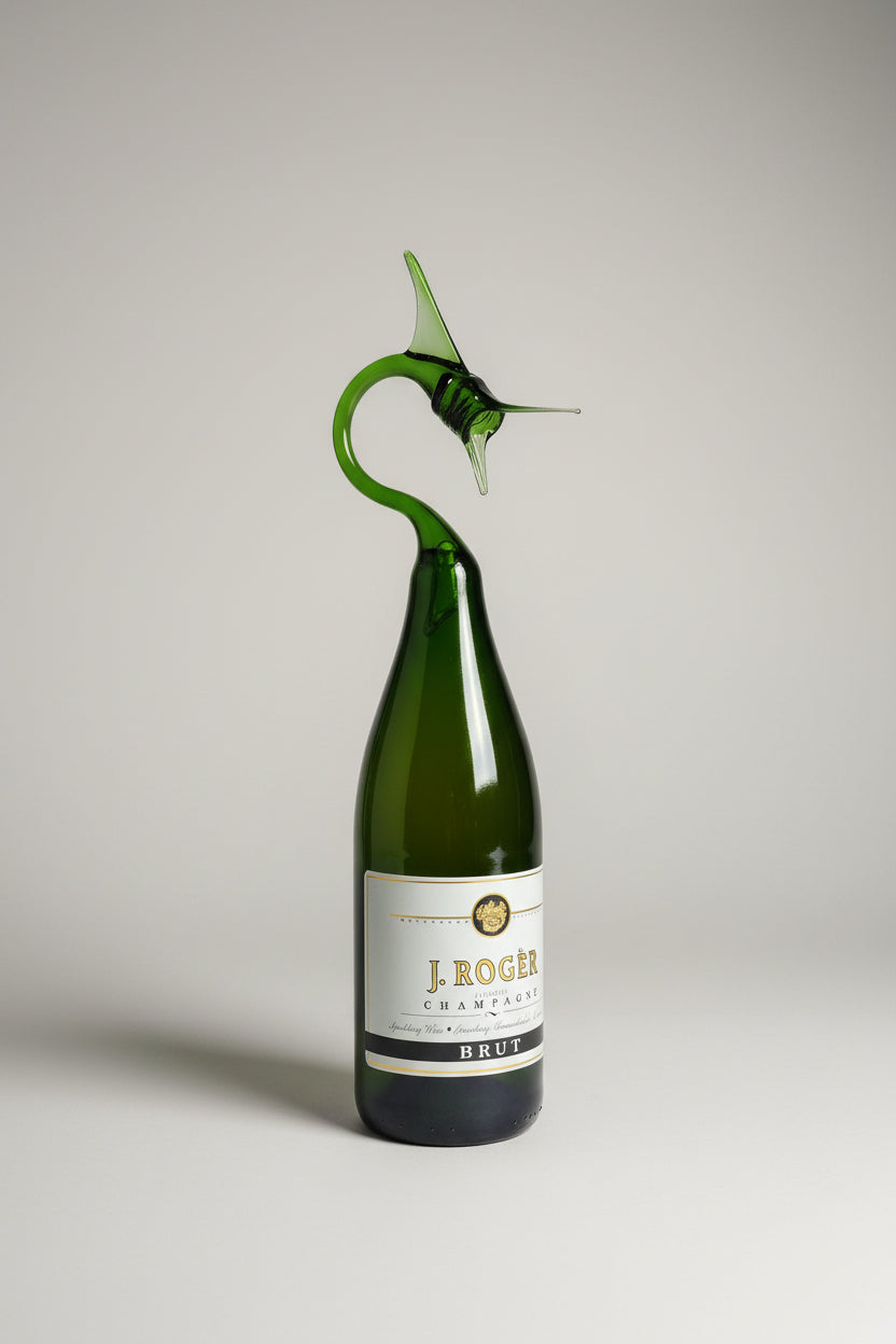 Vivid Green Glass Marlin Bottle Sculpture – Handcrafted Decorative Art