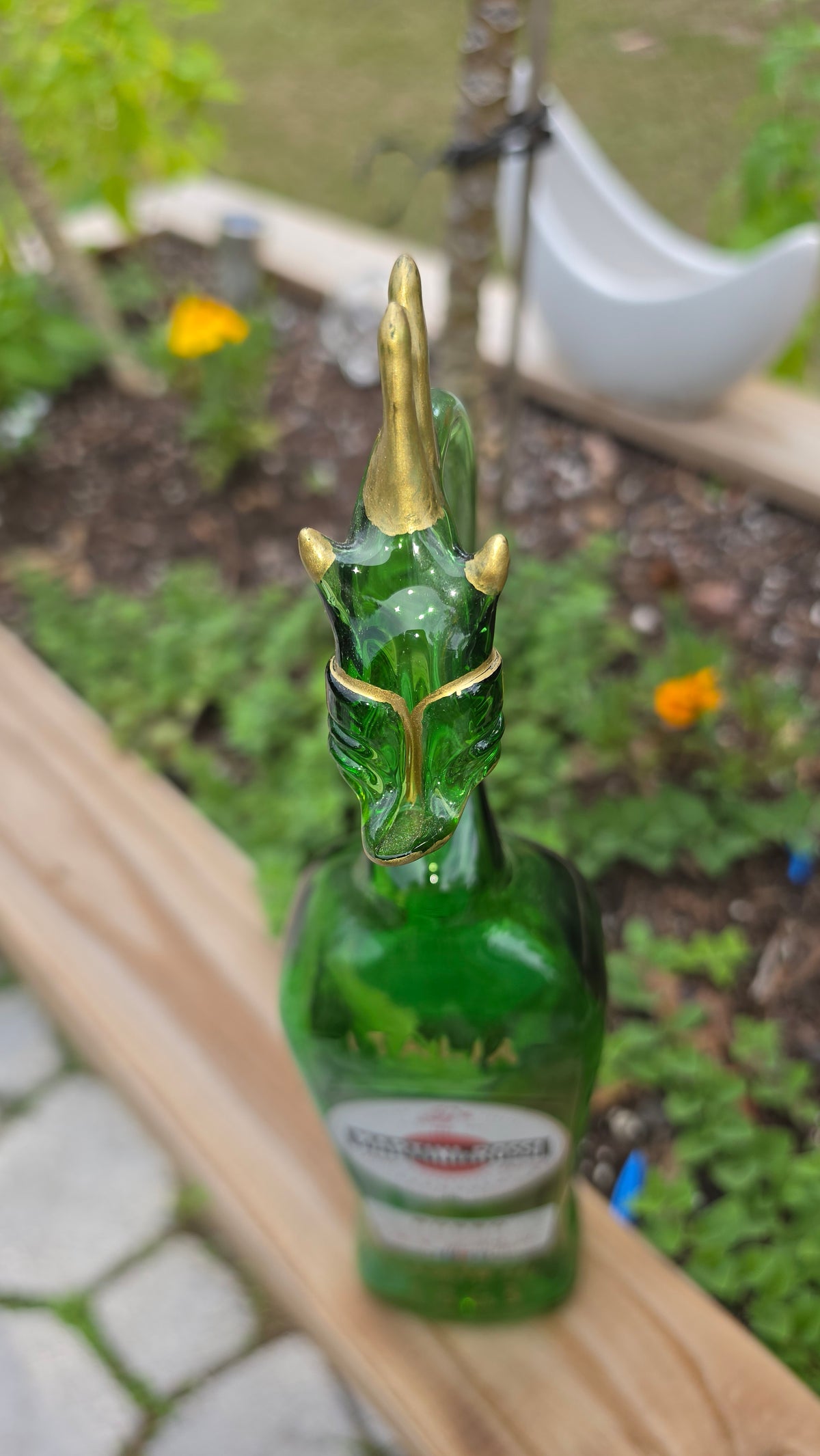 Gold Accent Glass Bottle Sculpture – Handcrafted Sleek Decorative Art