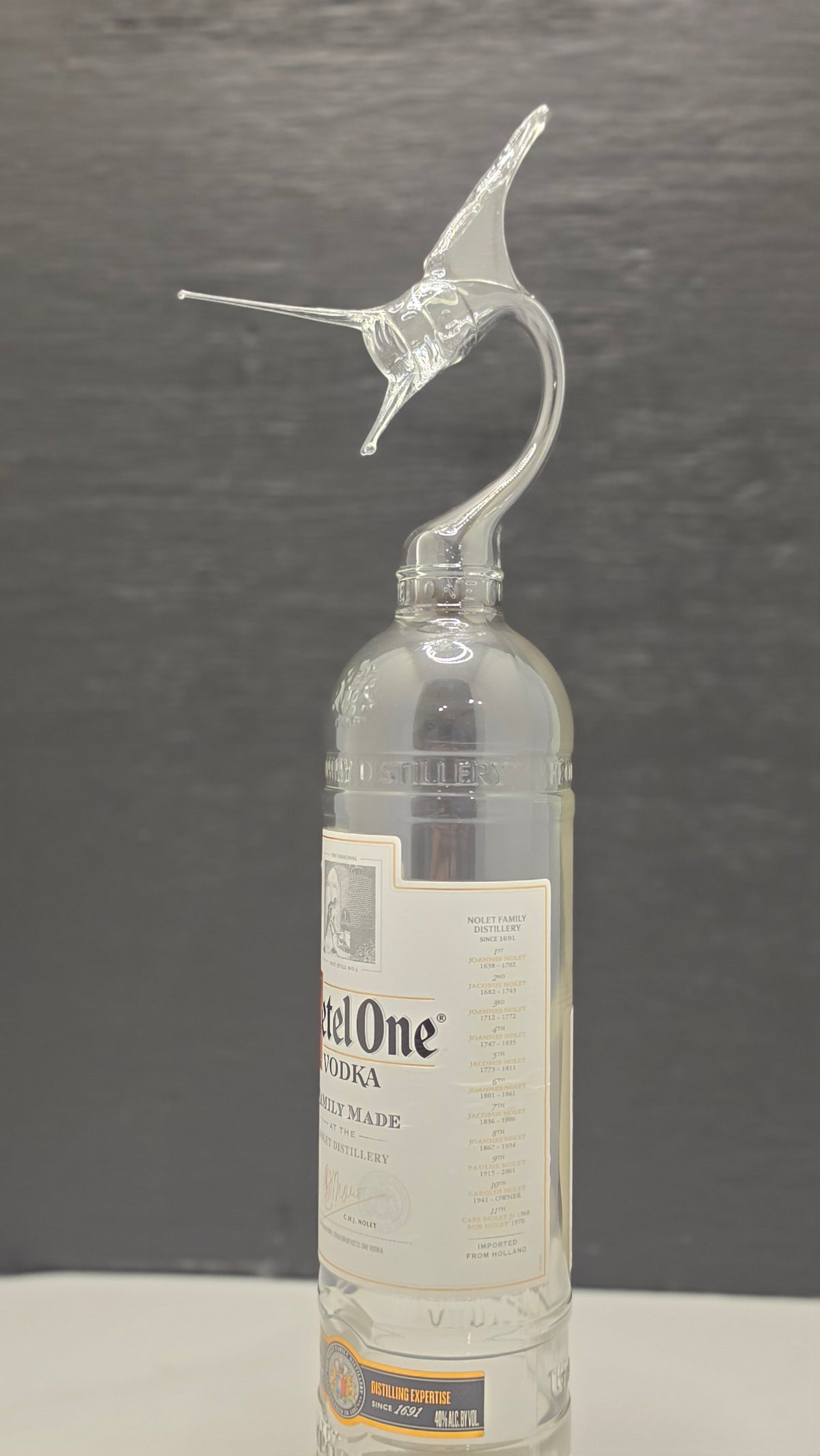 Ketel Glass Marlin Bottle Sculpture – Handcrafted Clear Glass Coastal Art