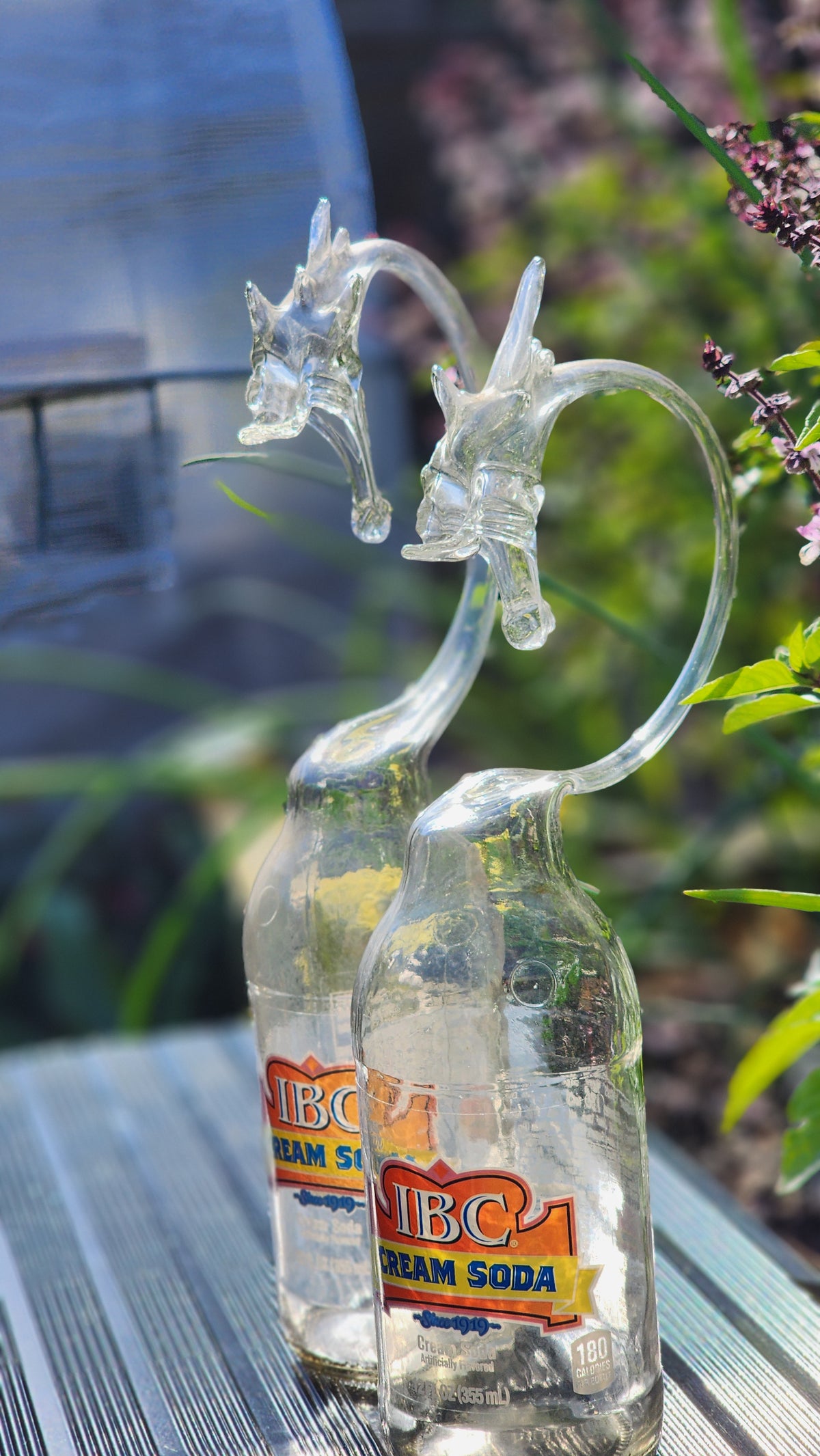Cream Soda Dragon Bottle Sculpture Pair – Handcrafted Novelty Art Set