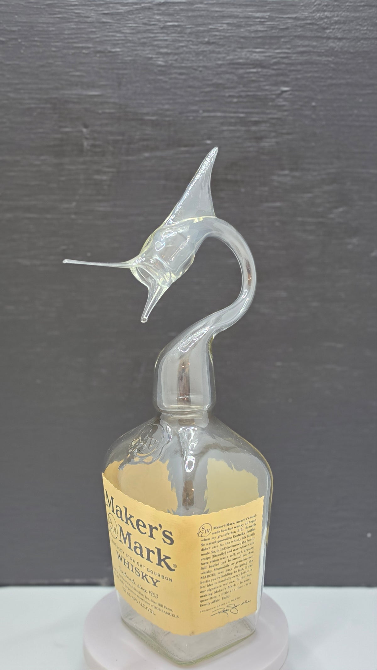 Red Wax Sealed Glass Marlin Bottle Sculpture – Handcrafted Decorative Art