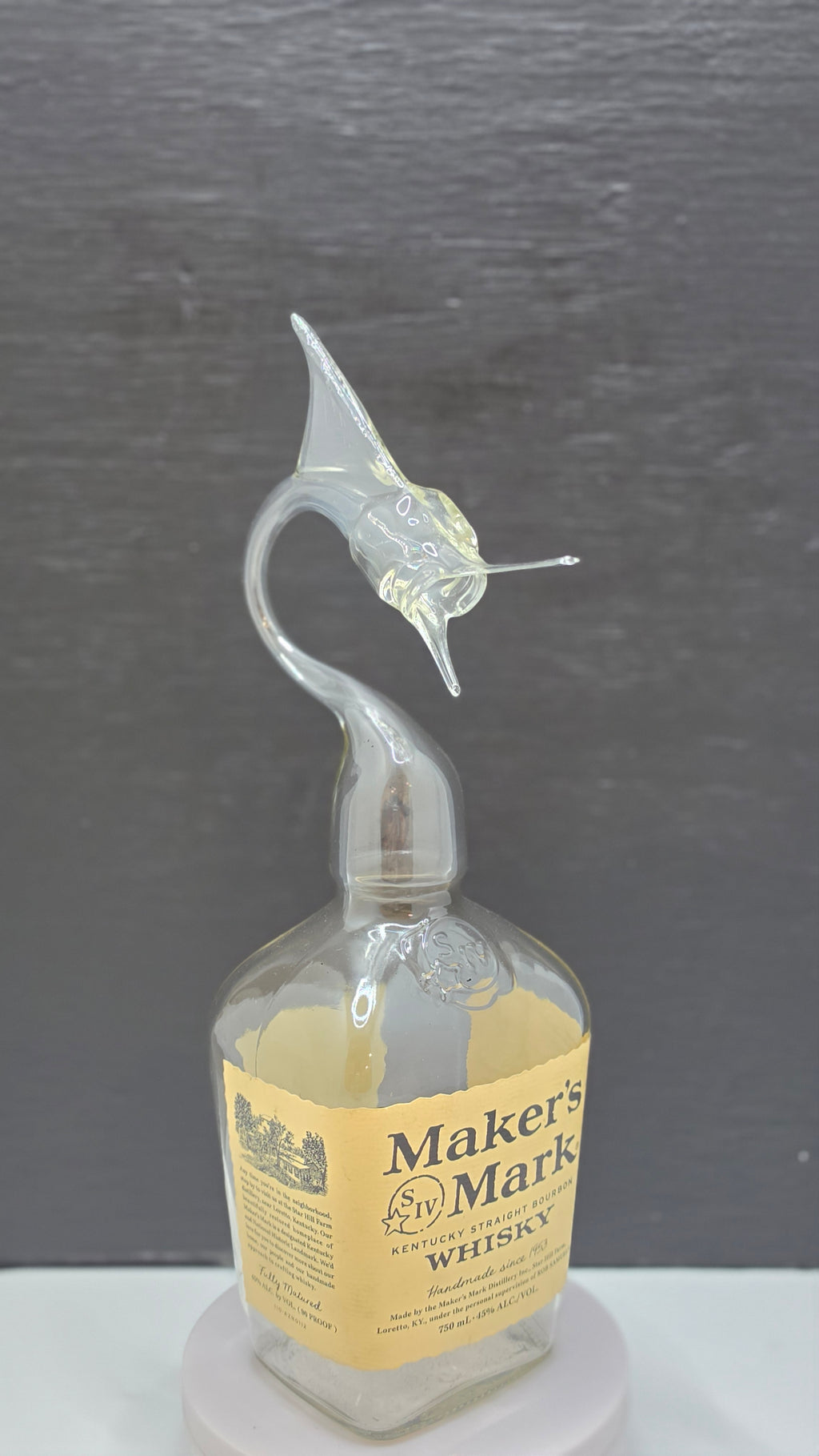 Red Wax Sealed Glass Marlin Bottle Sculpture – Handcrafted Decorative Art