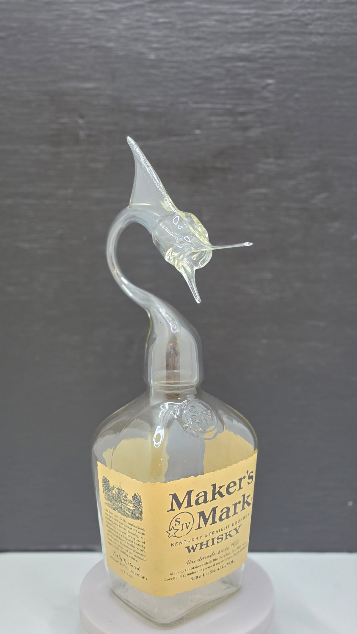 Red Wax Sealed Glass Marlin Bottle Sculpture – Handcrafted Decorative Art