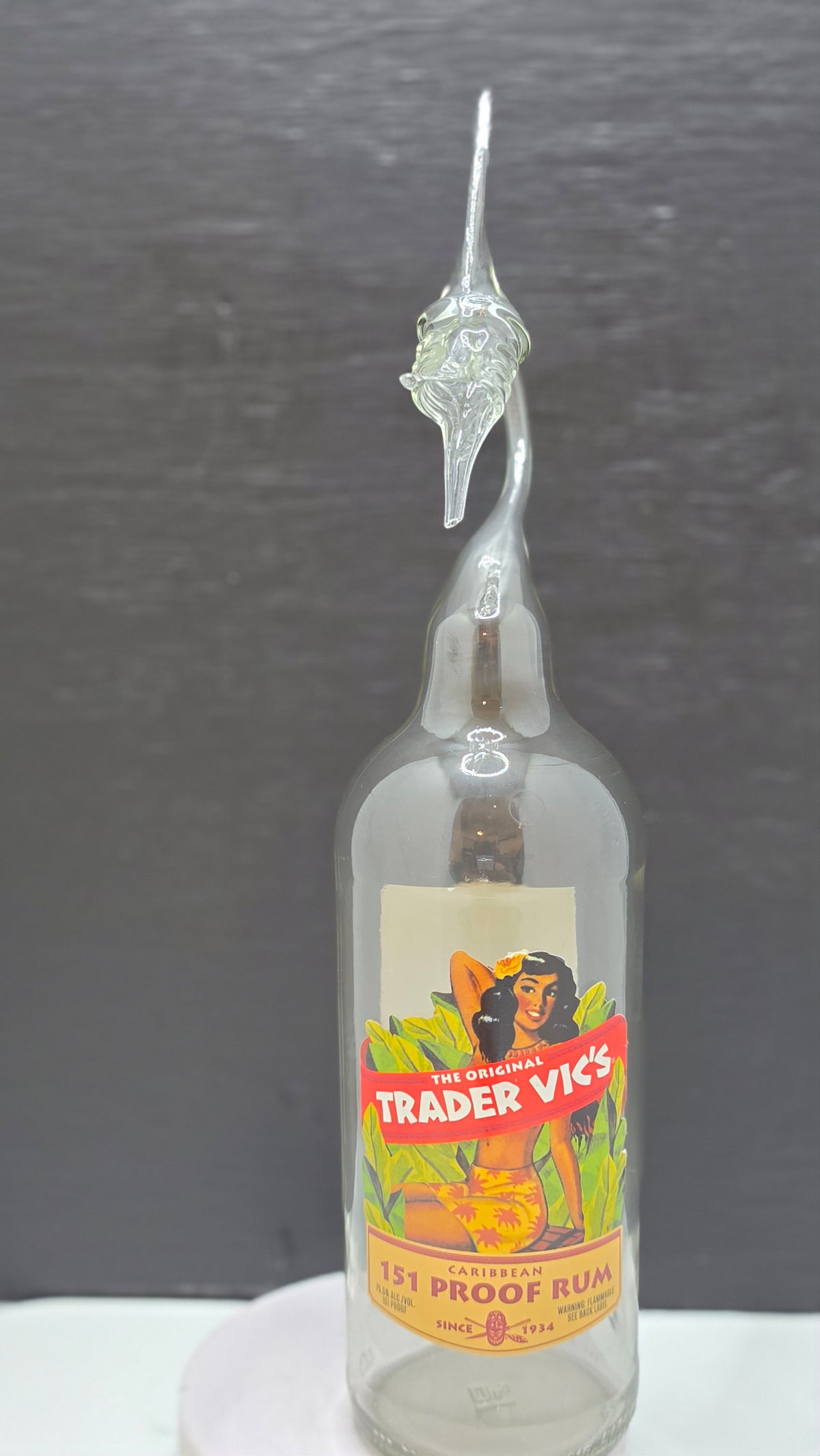151 Proof Glass Bottle Marlin Sculpture – Handcrafted Decorative Art