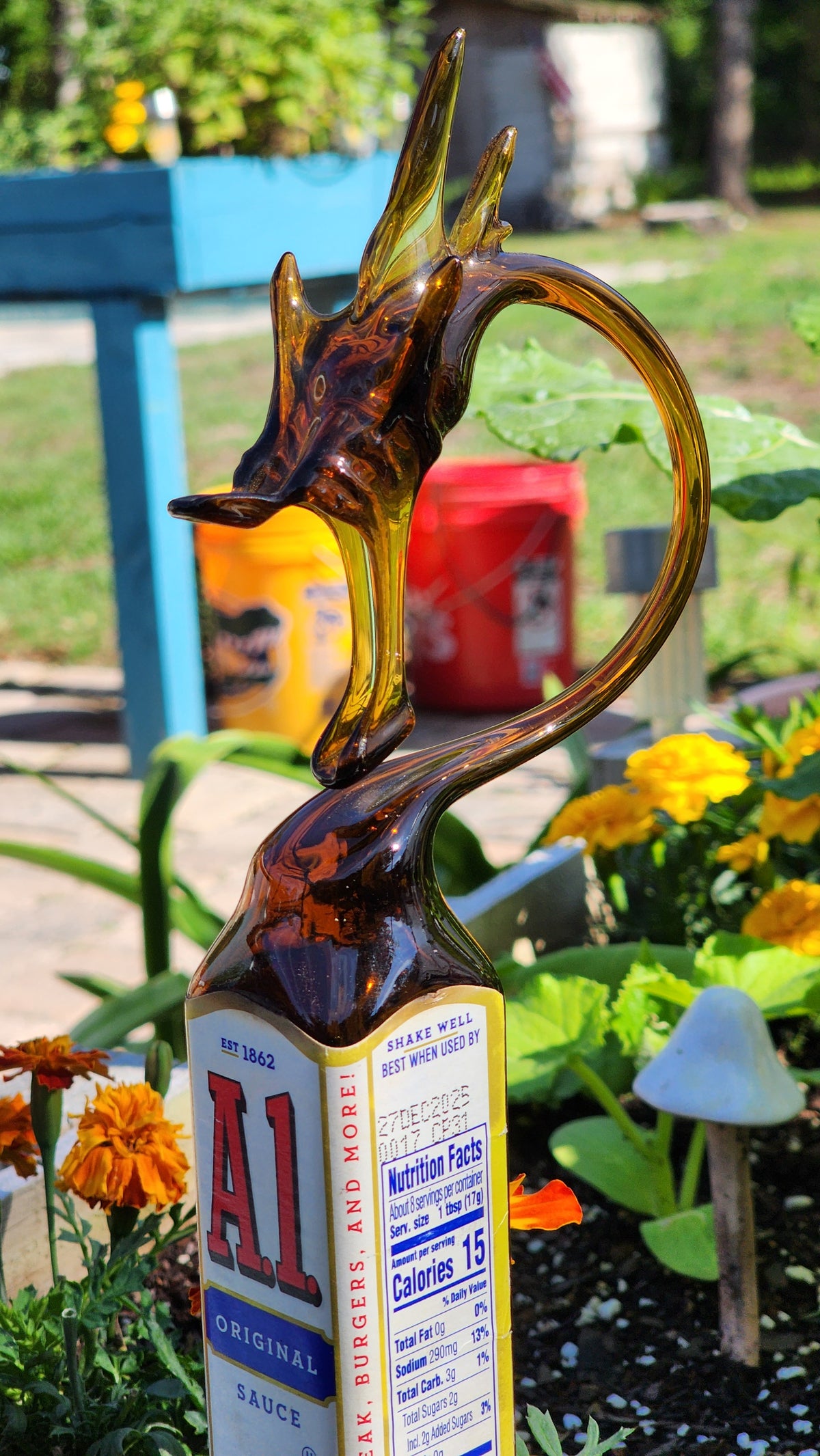 Classic Steak Sauce Dragon Bottle Sculpture – Handcrafted Kitchen Art