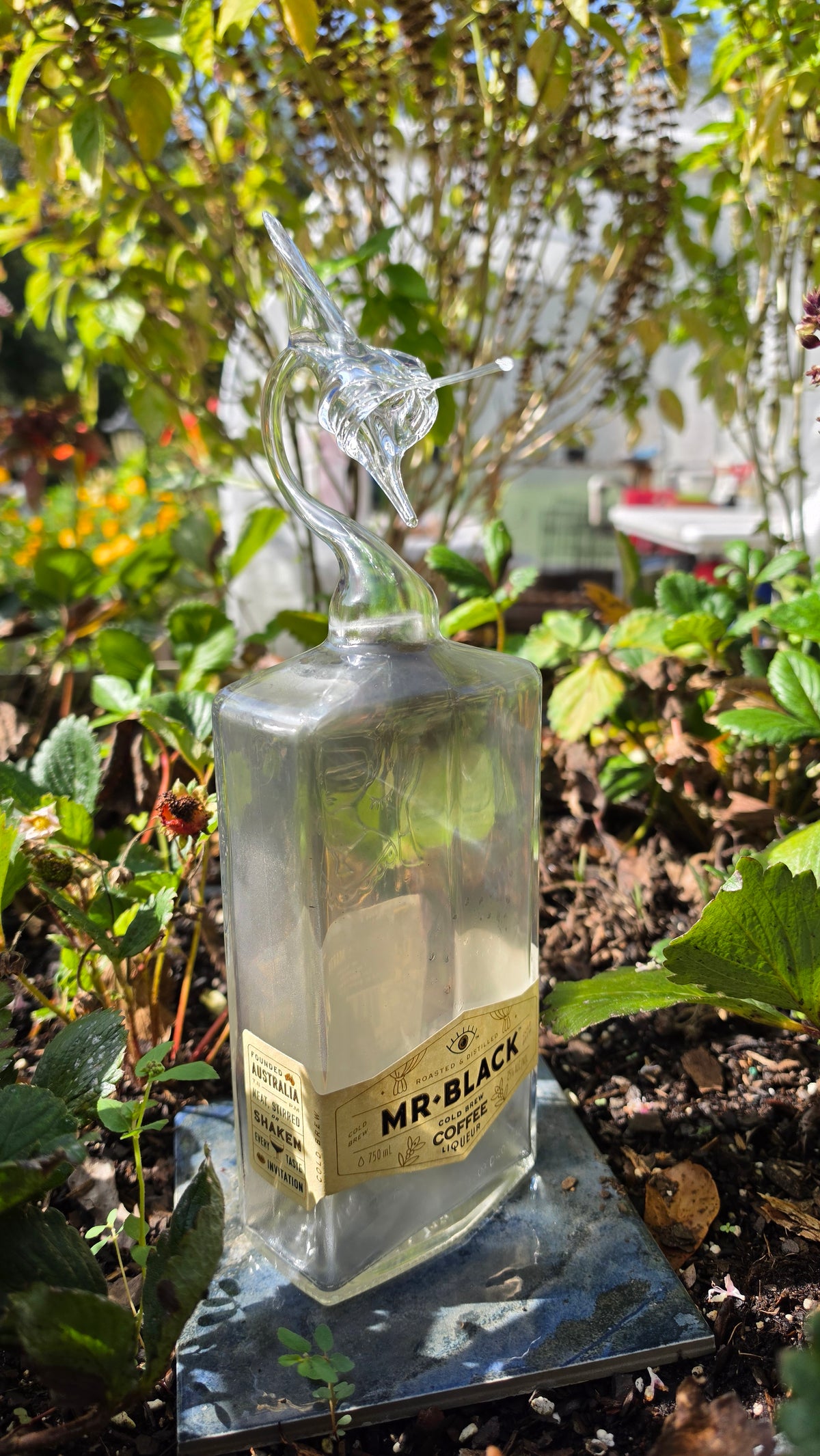 Deep Obsidian Glass Marlin Bottle Sculpture – Handcrafted Deep-Sea Art