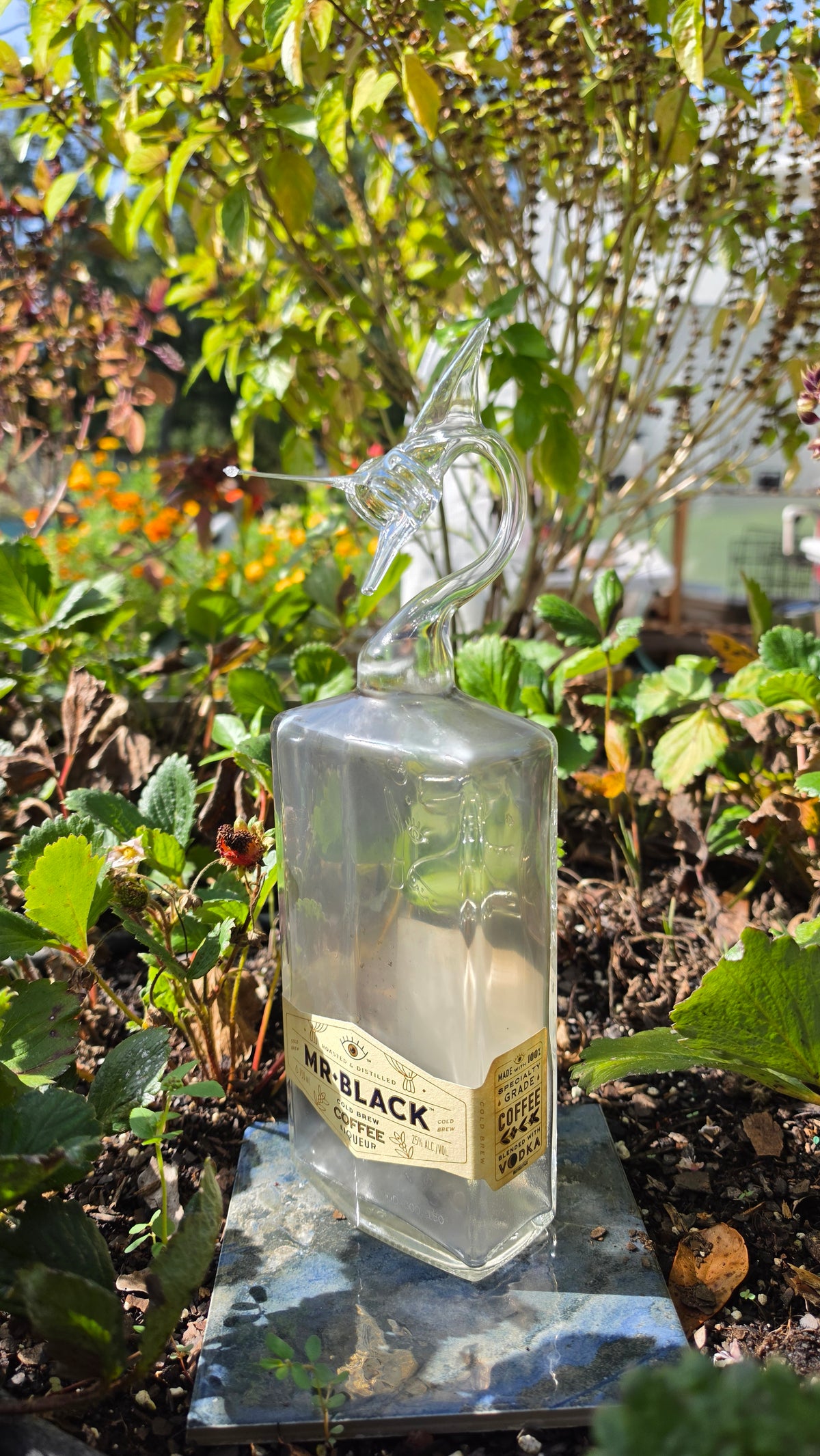 Deep Obsidian Glass Marlin Bottle Sculpture – Handcrafted Deep-Sea Art